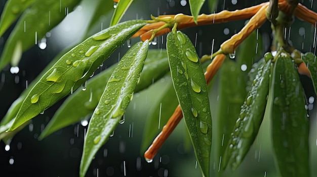 緑の葉に雨が降る