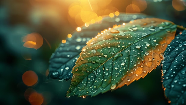 Rain drops on the leaves of a rose in the rays of the setting sun