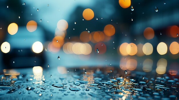 写真 雨の滴がガラスの上に降り ⁇ 街の明かりがぼやけている ⁇ 背景のボケ