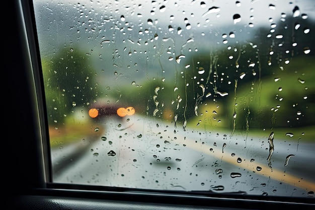 Капли дождя видны через окно автомобиля во время вождения