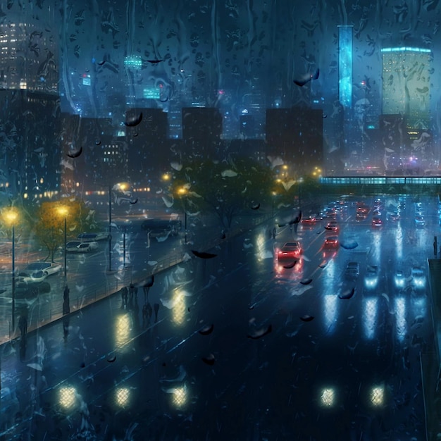 rain drops on window glass  Night city blurred light car traffic people walk banner