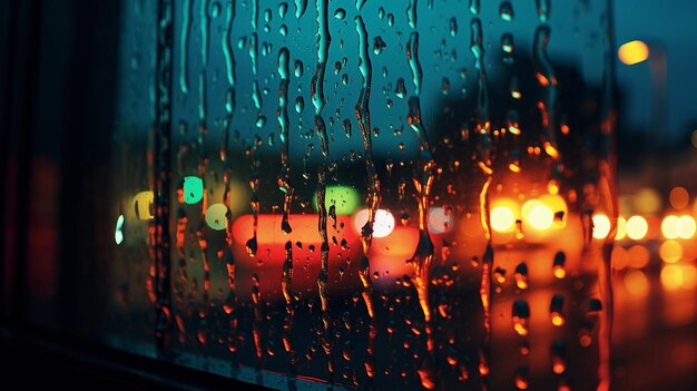 窓のガラスに雨の滴が落ちる 雨の街 夕方の光がぼんやり 秋の季節
