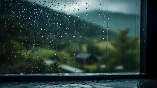 背景の生成 AI の窓の山の景色に雨が降る