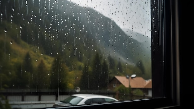 Rain drops on the window mountain view in the background generative AI