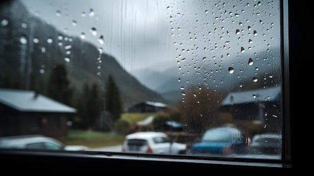 Rain drops on the window mountain view in the background generative AI