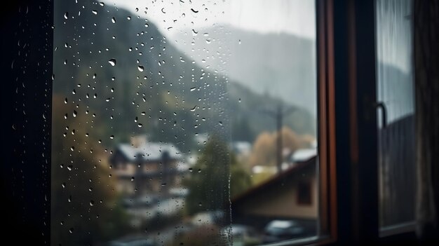 背景の生成 AI の窓の山の景色に雨が降る