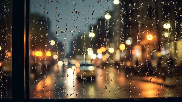 Rain drops on the window with city lights blurred background Rainy day concept