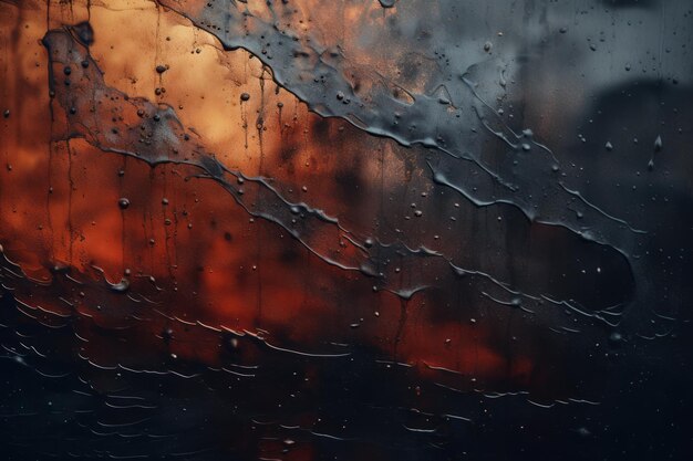 Rain drops on a window with a sunset in the background