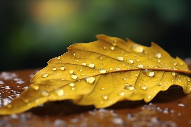 雨が黄色い葉に落ちる