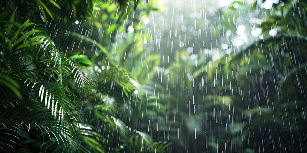 写真 緑の葉の茂った熱帯森林の茂みの上に降る雨
