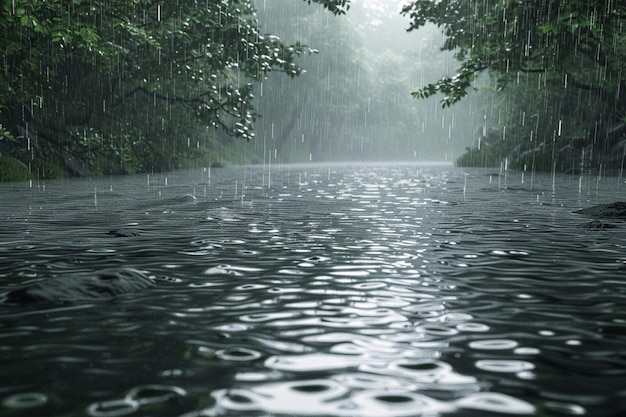 Photo rain falling on a river creating gentle ripples on