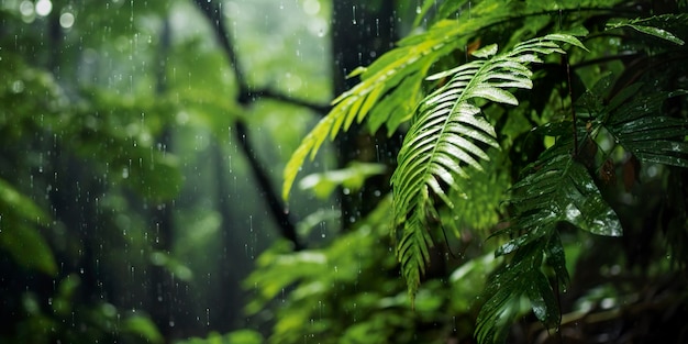 Rain falls in a rainforest with the rain drops Generative AI