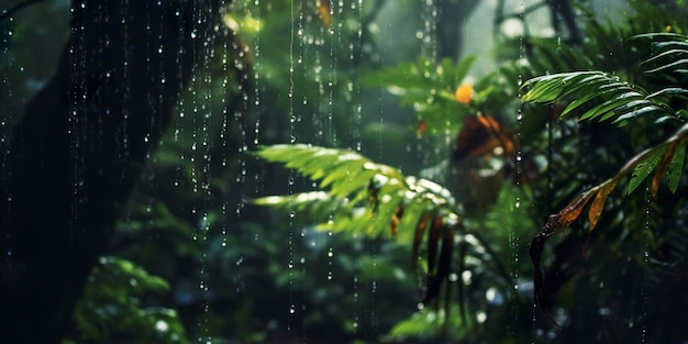 雨が降る雨林で 雨の滴が降る 生成人工知能