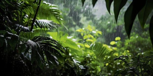 Rain falls in a rainforest with the rain drops Generative AI