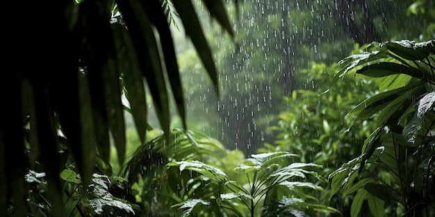 Rain falls in a rainforest with the rain drops Generative AI