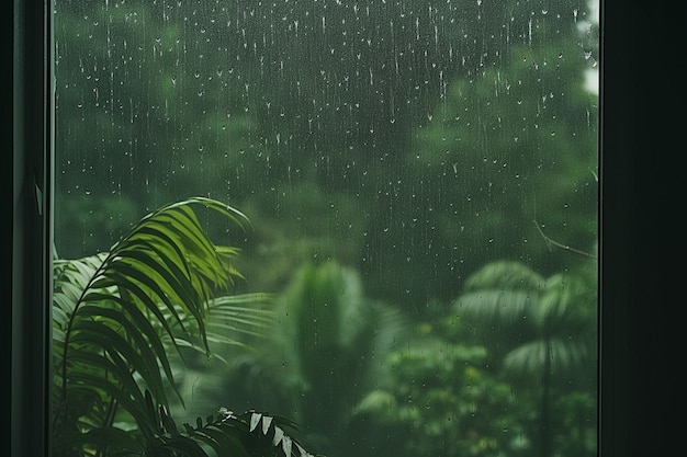 Rain falls on the window during stormy weather