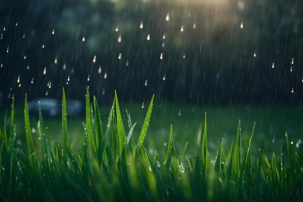 Rain in grass natural view