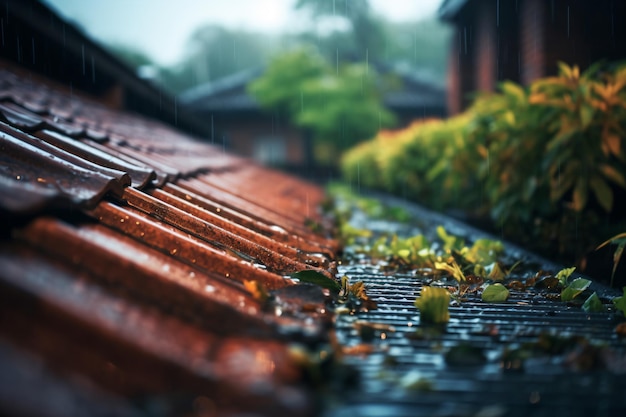 a rain gutter with leaves on the roof