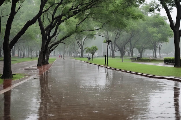 Photo rain in the rainy daybeautiful park in the city