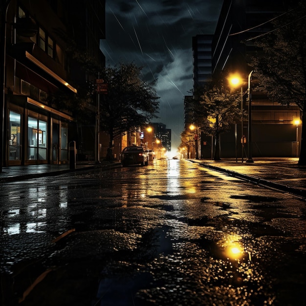 Rain on road street in dark night