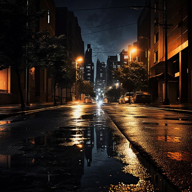 暗い夜の道路通りで雨が降る