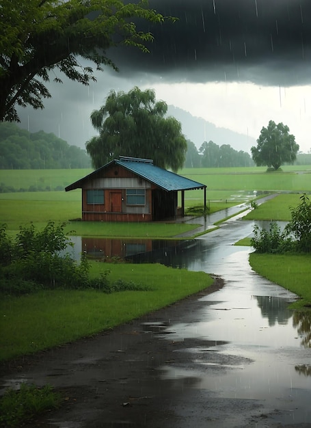 Rain in a rural picturesque setting Generate A I