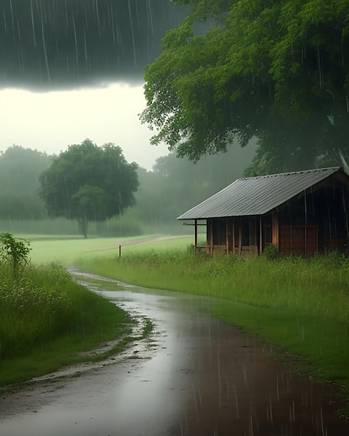 Rain in a rural picturesque setting Generate A I