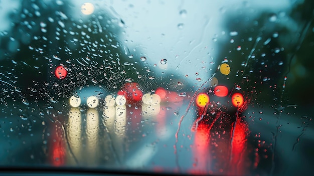 Rain shower on car windshield or car window and blurry road in background driving in rainy season rain drops on car mirror traffic road in evening rain drizzle raining decreases driving visibility