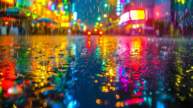 Photo a rain shower transforms a city street into a canvas of reflected neon lights