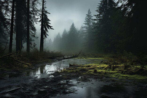 Rain soaked forest with mist rising from the ground