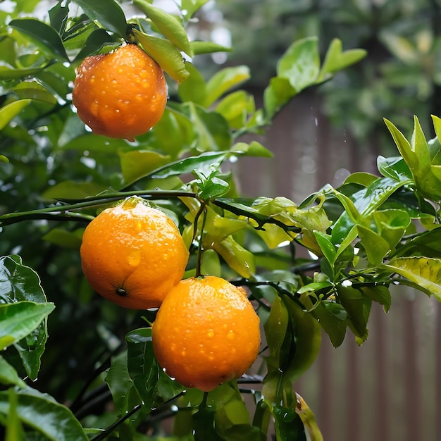 Rain soaked oranges in the garden