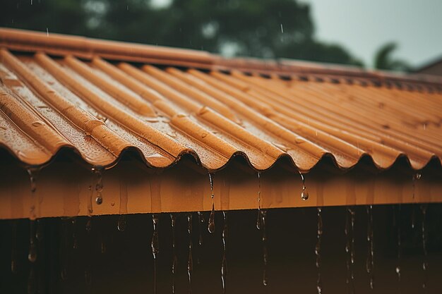 Rain soaked rooftop with water dripping from gutters