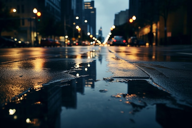 街灯の反射で雨にれた都市風景