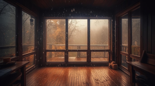 Rain storm view from inside winter cabin cozy warm AI generated