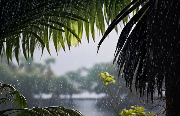 Rain in the tropics during the low season or monsoon season Raindrops in a garden