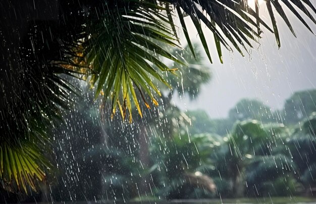 Дождь в тропиках в низкий сезон или сезон муссонов Капли дождя в саду