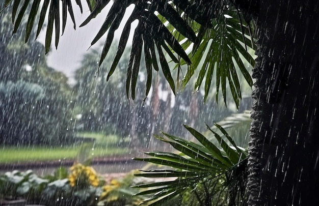 Rain in the tropics during the low season or monsoon season Raindrops in a garden