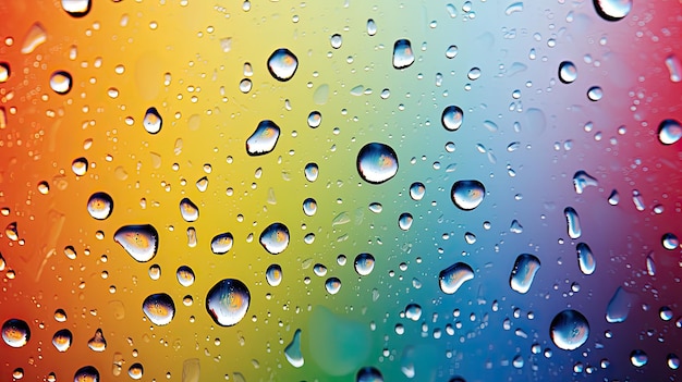 rain water drops on a glass window panel with rainbow light in the background