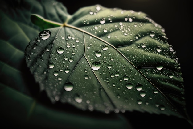 녹색 잎 매크로의 빗물 그림 생성 AI