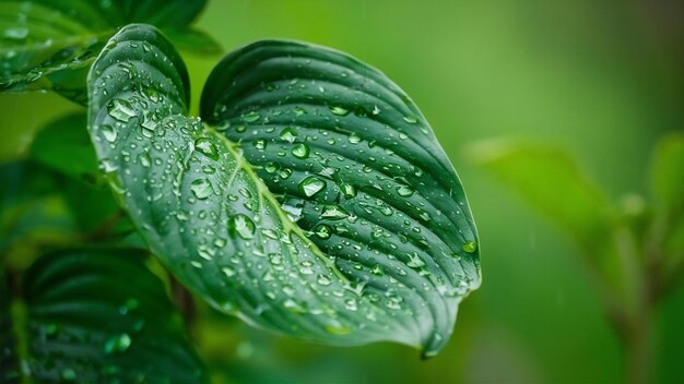 Rain water on a green leaf macro