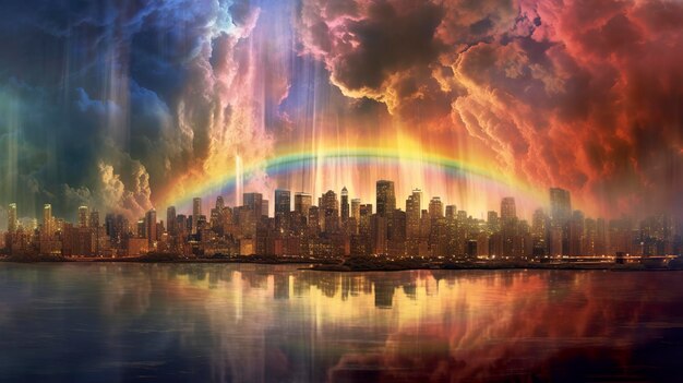 Photo rainbo sky over futuristic city generative ai