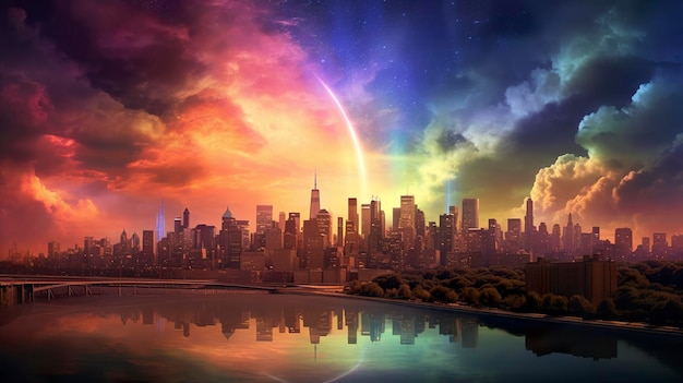 Photo rainbo sky over futuristic city generative ai