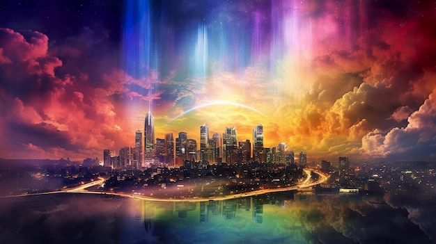 未来都市の上空に虹の空 生成 AI