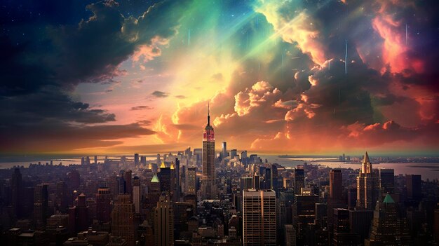 Rainbo sky over futuristic city Generative AI