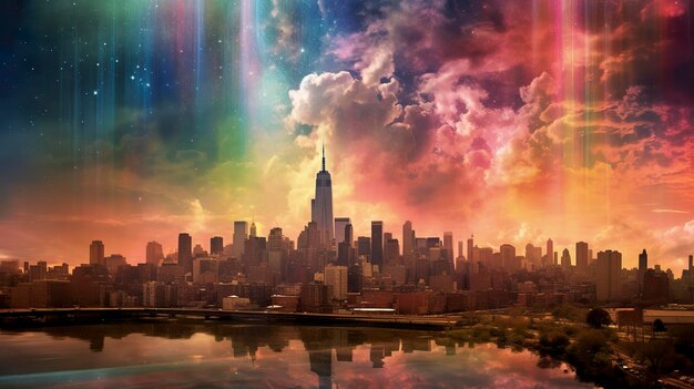 Rainbo sky over futuristic city Generative AI