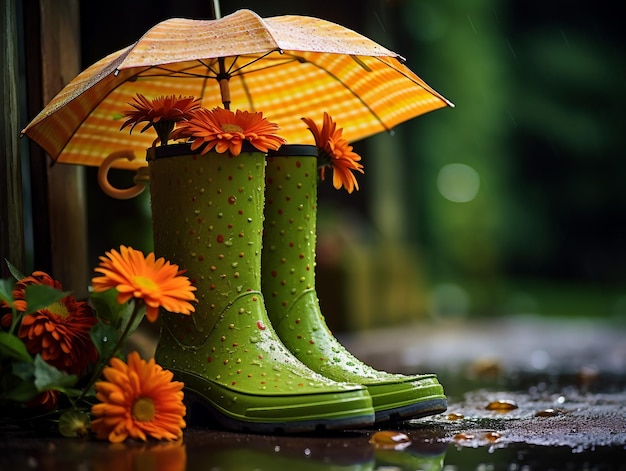 Photo rainboots with umbrella