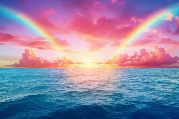 夕暮れの地平線を越えた虹の壁紙