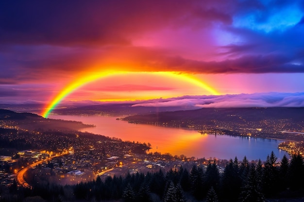 A rainbow appearing over a city skyline at dusk