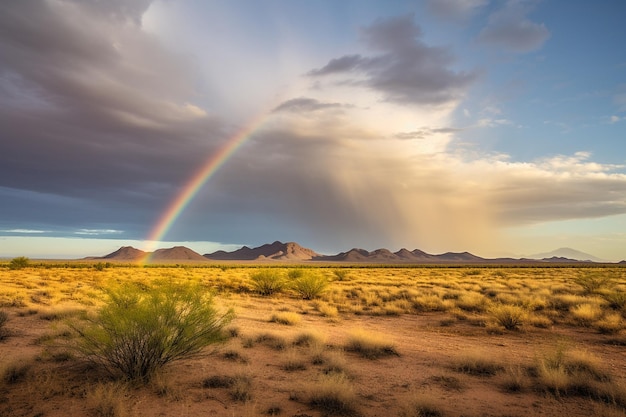 A rainbow appearing over a desert landscape