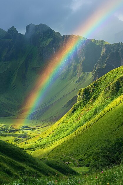 Rainbow appearing over a lush valley